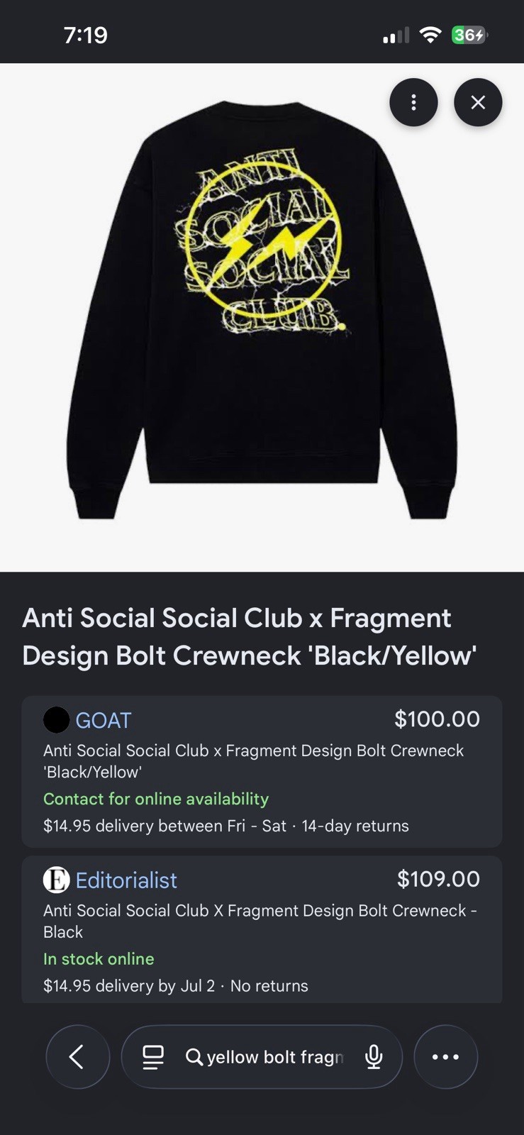 Brand New with Tags Anti Social Social Club X Fragment Yellow Bolt Crew Neck