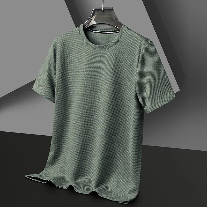 New Summer Waffle Round Neck Short Sleeved T-shirt for Men’s Short Sleeved Top