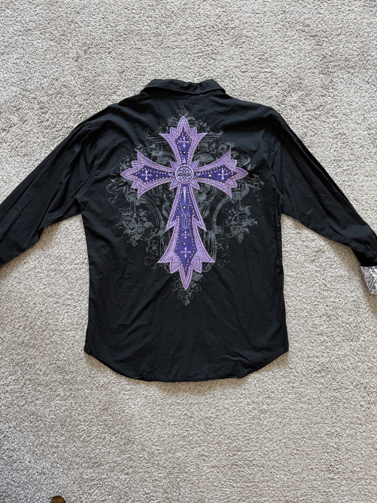 Victorious Los Angeles Men’s L Black Purple Cross Embroidered Shirt Gothic Y2K