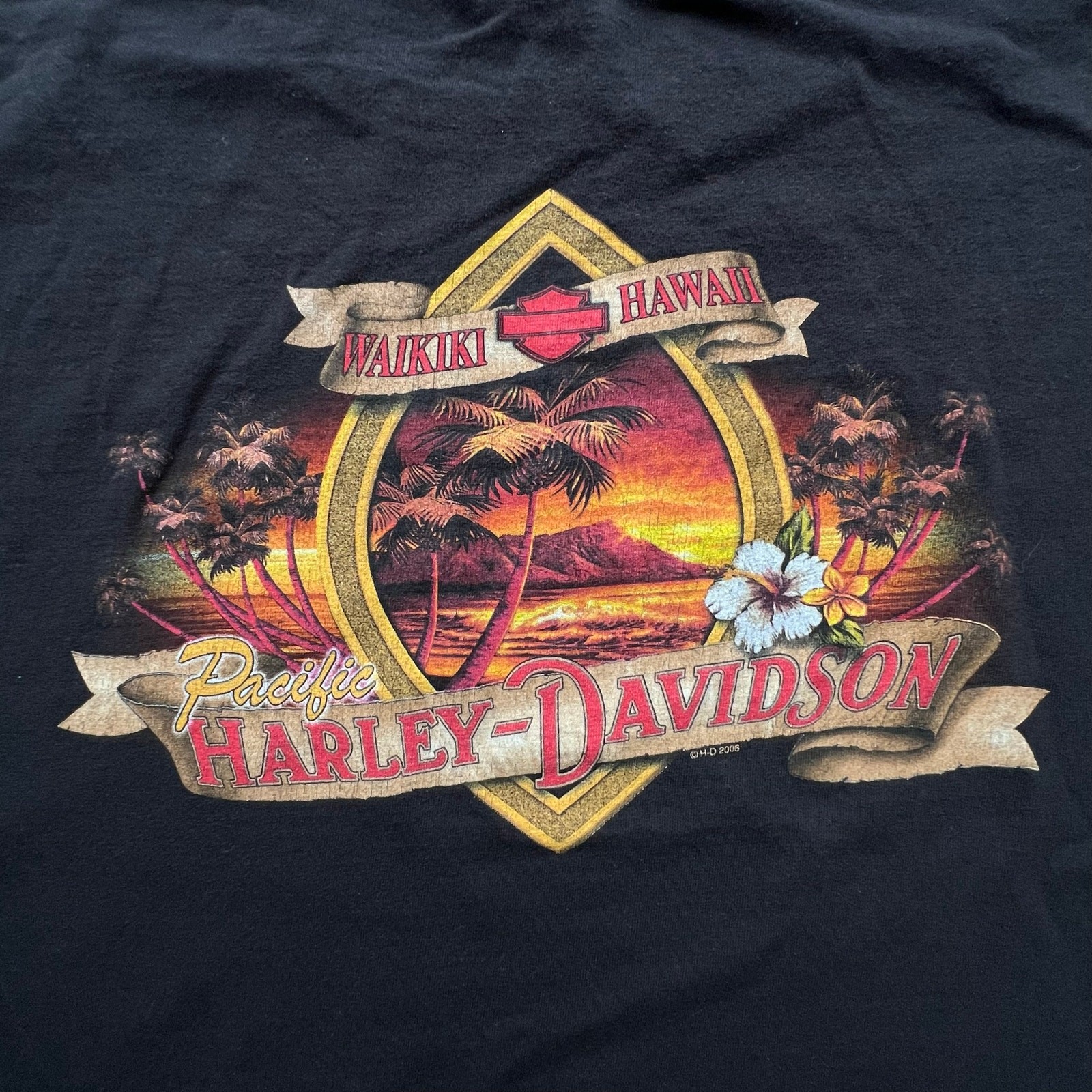Y2K Pacific Harley Davidson Waikiki Hawaii Fire Sunset Biker Motorcycle Tee XL