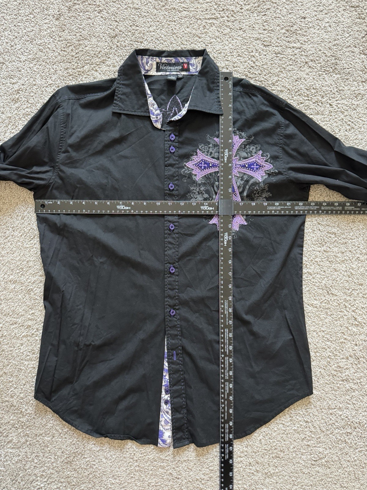 Victorious Los Angeles Men’s L Black Purple Cross Embroidered Shirt Gothic Y2K