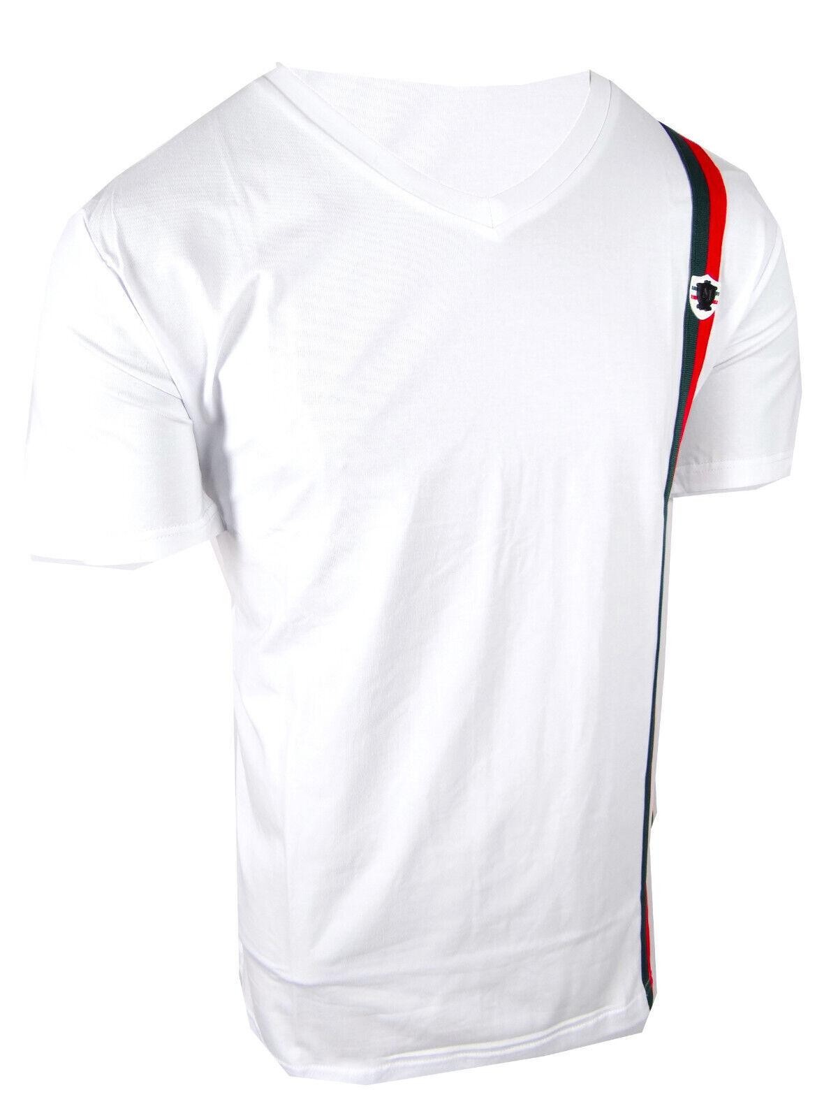 Mens T- Shirt Italian Side Sport Stripe Badge V-Neck Slim Fit Stretch Casual