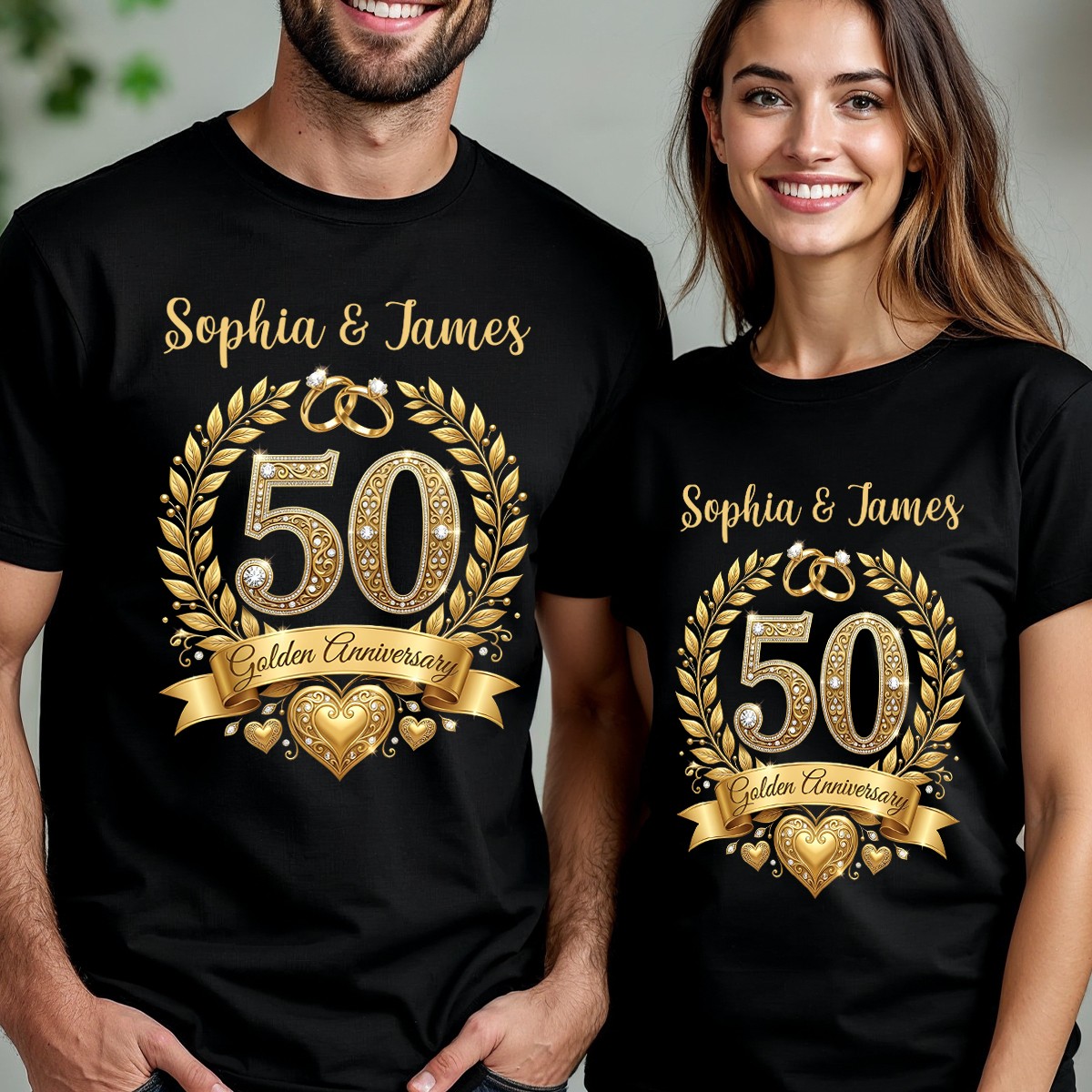 Personalized 50th Golden Anniversary Couple Matching T Shirts Custom Names Tee