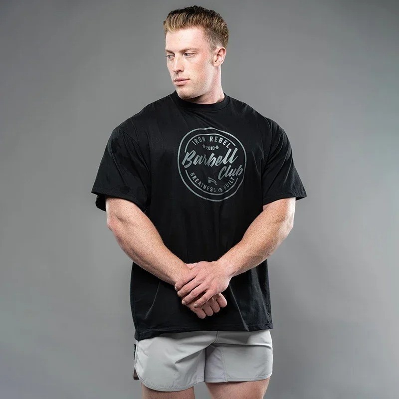 Men’s Oversized Cotton T-Shirt Printed Crew Neck Gym Training Short Sleeve Tee
