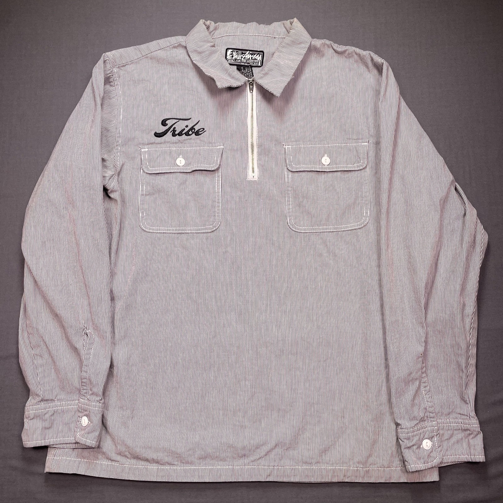 Stussy Shirt Mens Large Gray Striped Tribe Half Zip Long Sleeve Woven Pullover