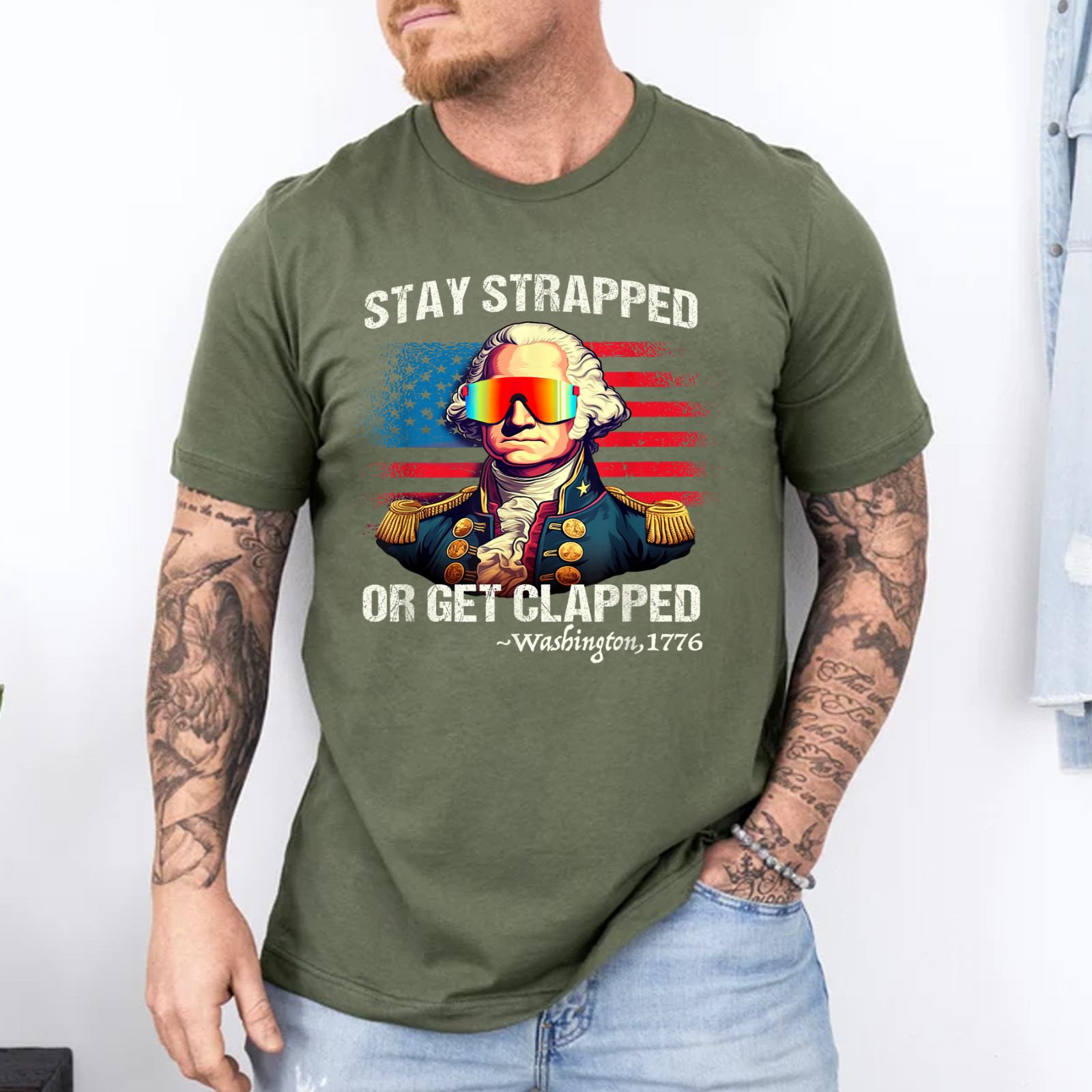 Funny 4th of July Shirt Washington Stay Strapped Get Clapped T-Shirt