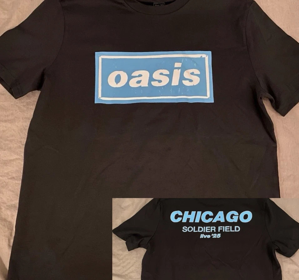 Oasis Live 25 Tour Chicago Soldier Field Two Sides Fan Made T-Shirt