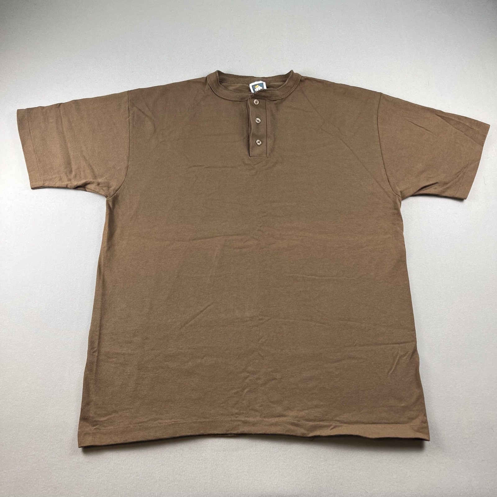 Vintage Brown T-Shirt Henley Mens Large Brown Blank Single Stitch Cotton USA 90s