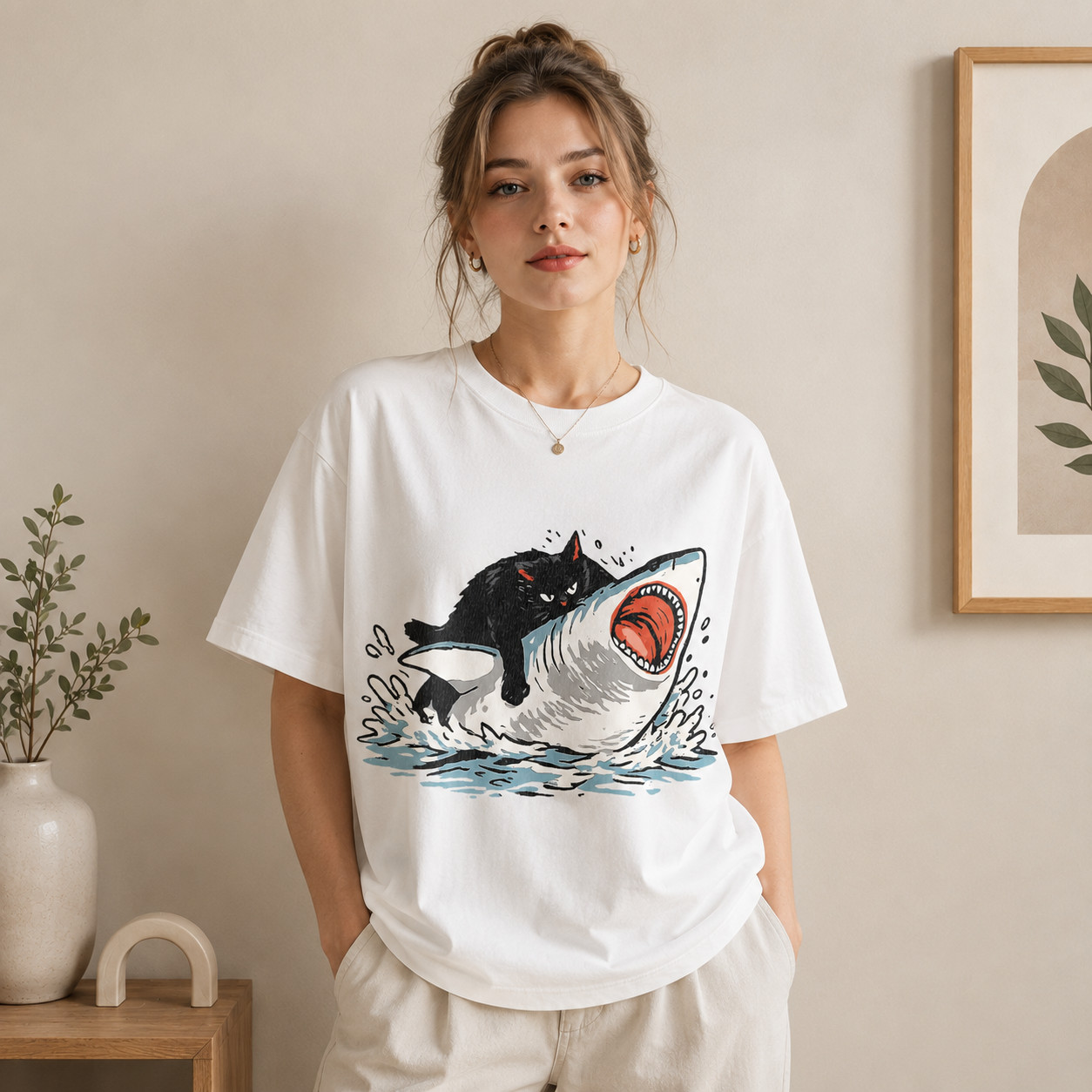 Black Cat Riding Shark Graphic T Shirt Vintage Distressed Unisex Cotton Tee