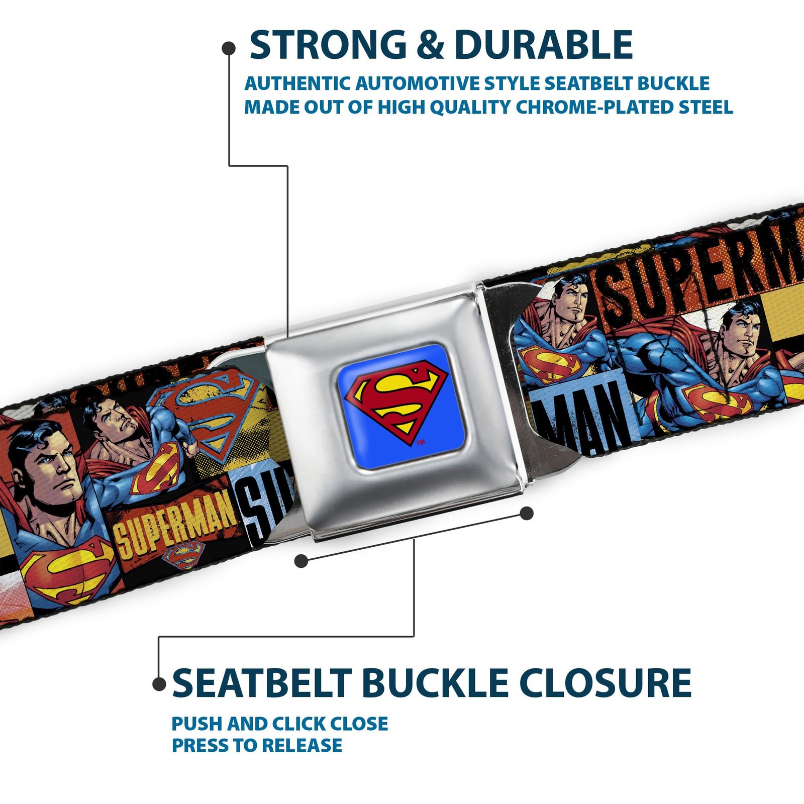 Seatbelt Belt – SUPERMAN Action Blocks Red/Blue – 1.0″ Wide – 20-36 Inches in…