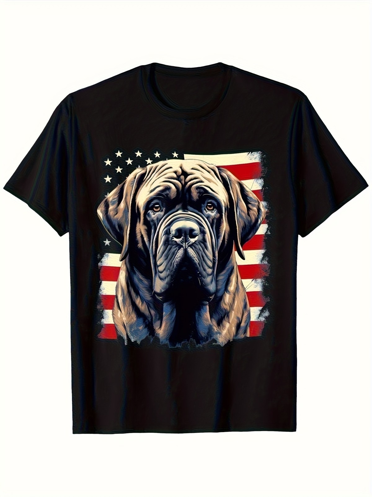 Men’S English Mastiff Dog US Flag T-Shirt Casual Athletic Loose Fit Round Neck