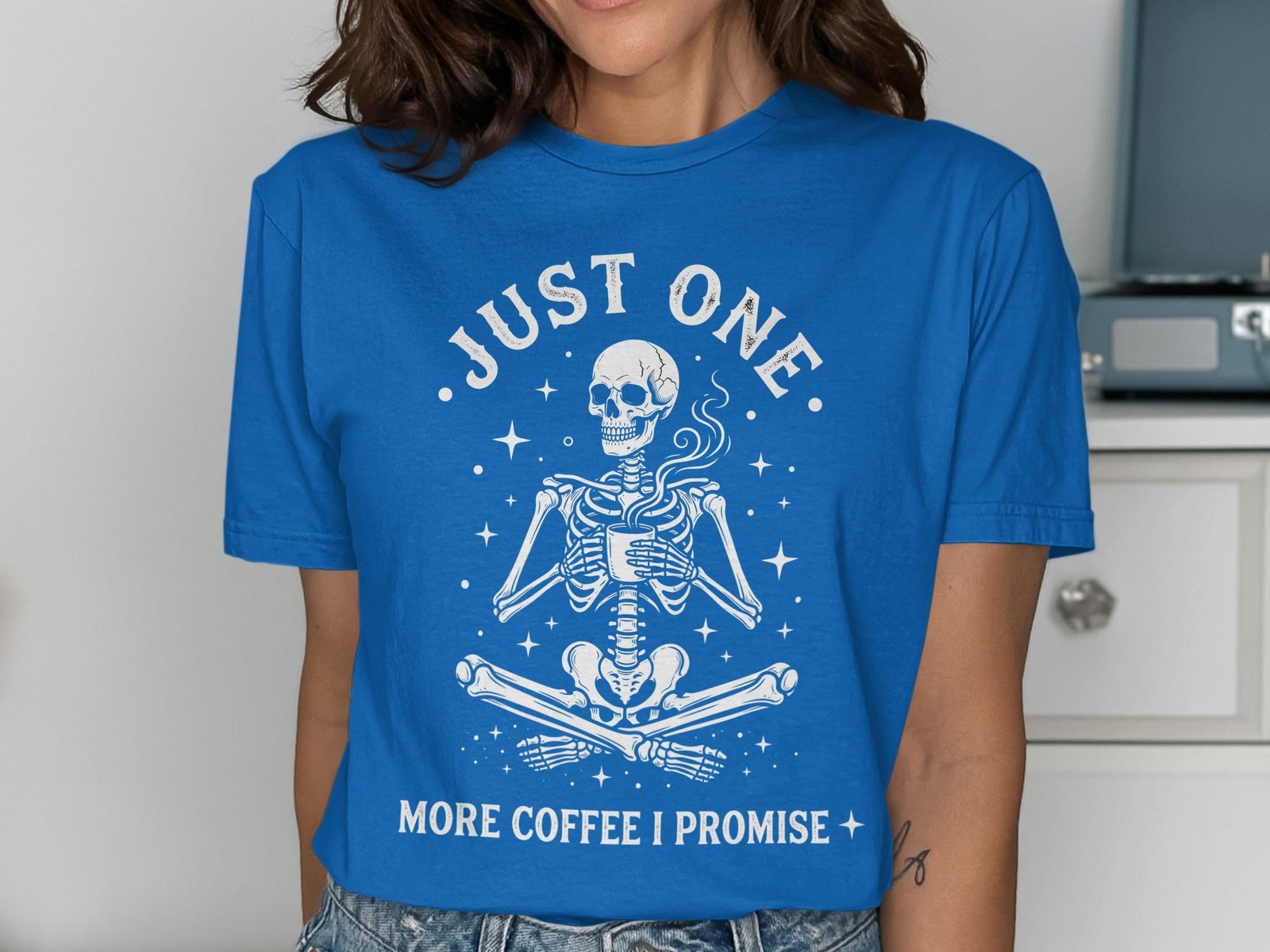 Just One More Coffee I Promise T-Shirt, Funny Skeleton Coffee Lover Tee, Spooky