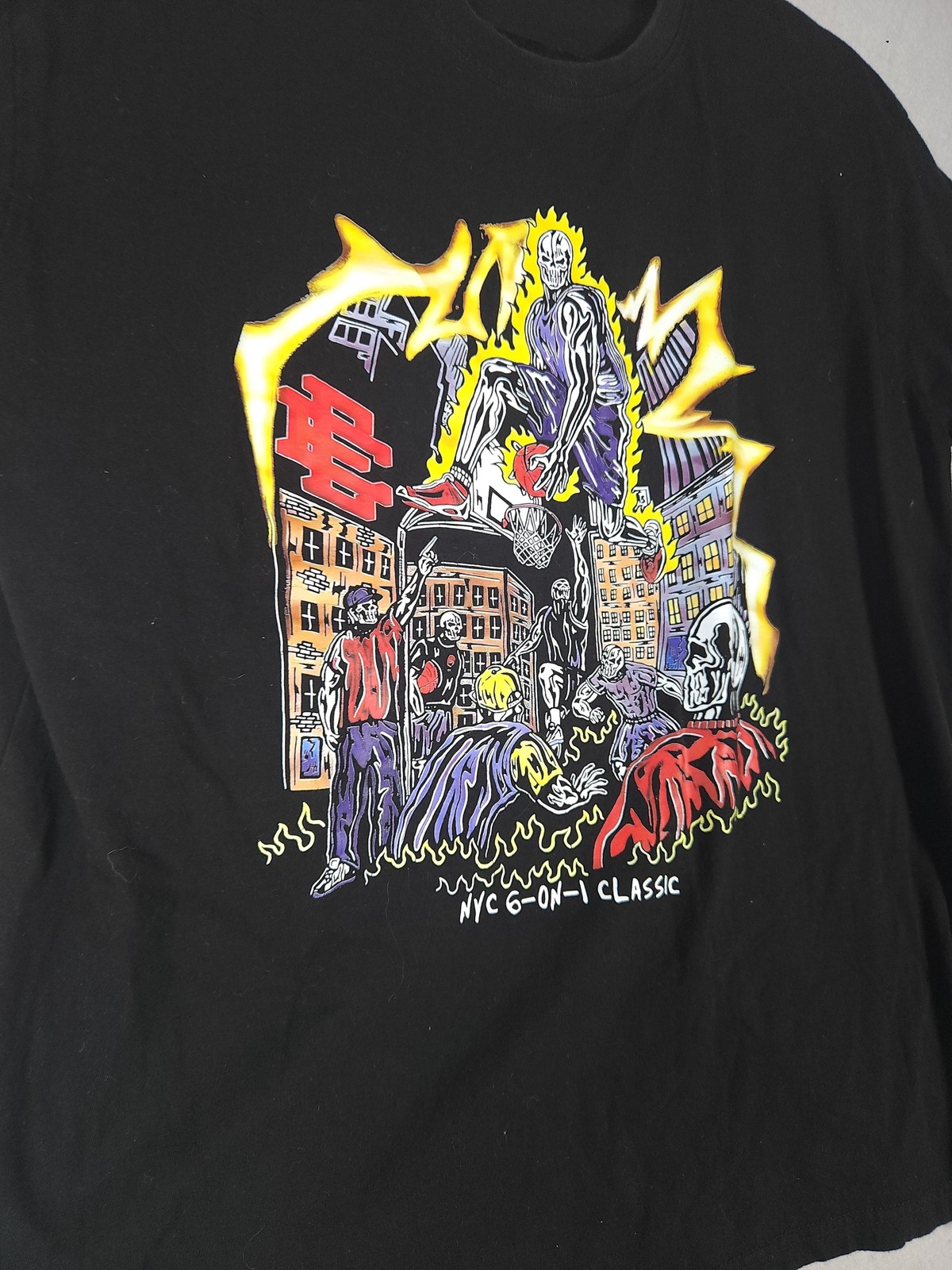 NYC 6-On-1 Classic Basketball Shirt Mens Large Black Skull Graphic T-Shirt