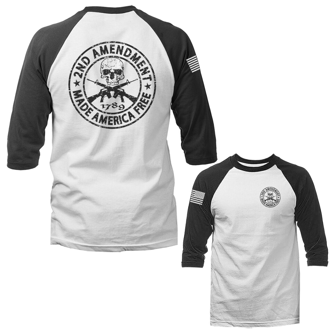 2nd Amendment Made America Free Constitution Gun US Flag 3/4 Sleeve Raglan