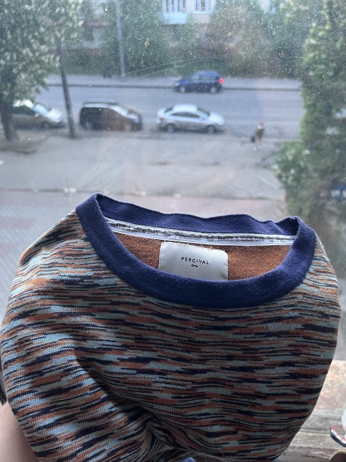 Percival Blue and Orange with Dynamic Pattern Knit Textured T-shirt tee size m