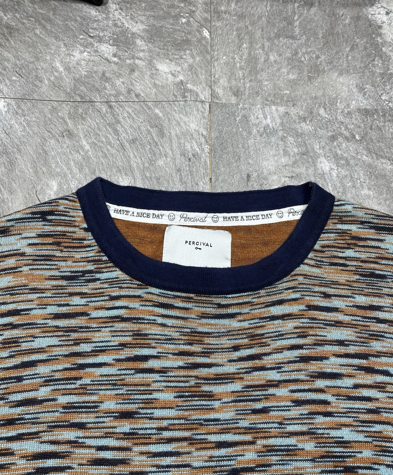 Percival Blue and Orange with Dynamic Pattern Knit Textured T-shirt tee size m
