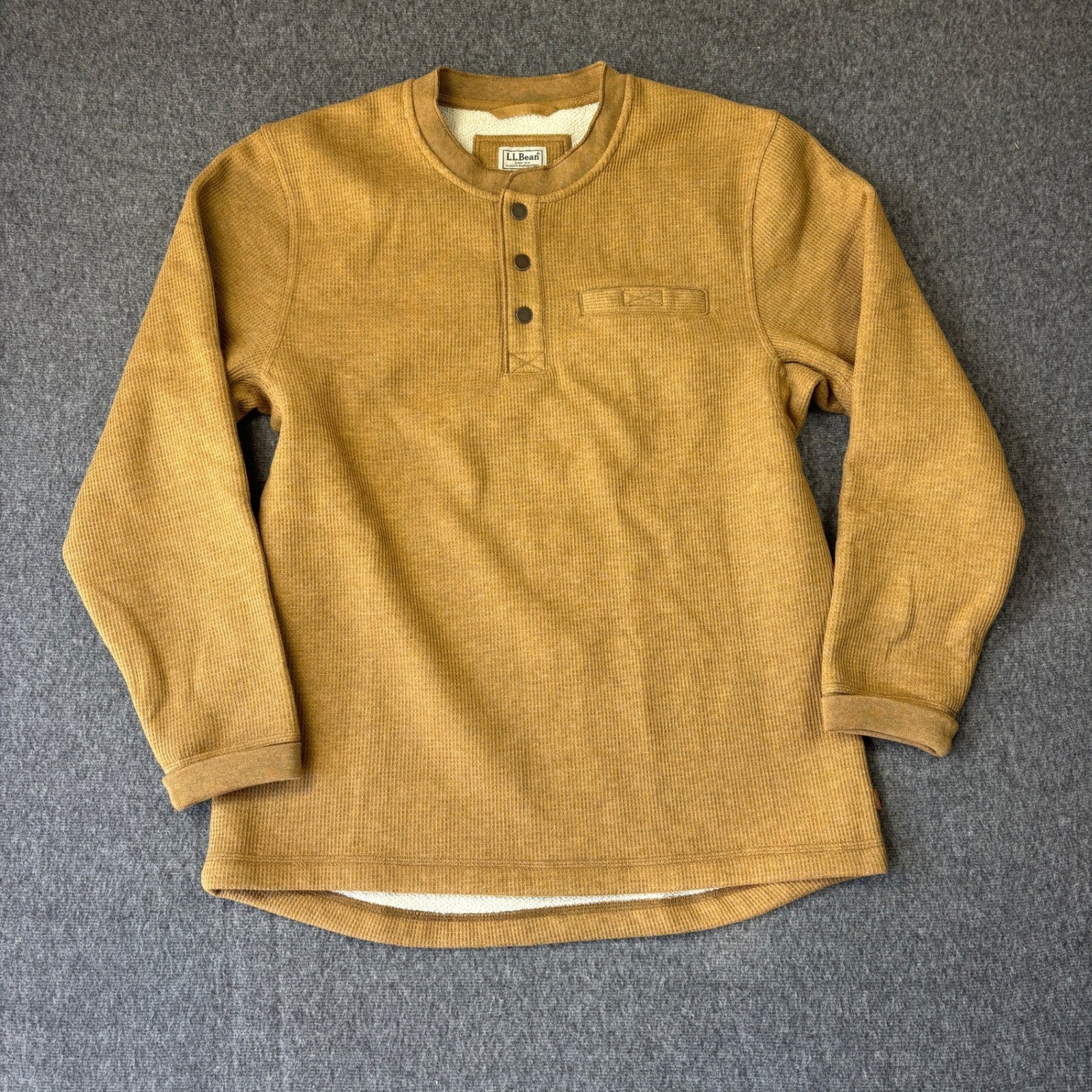 LL Bean Mens Waffle Knit Henley Shirt Mustard Yellow Fleece Lined 298100 Medium