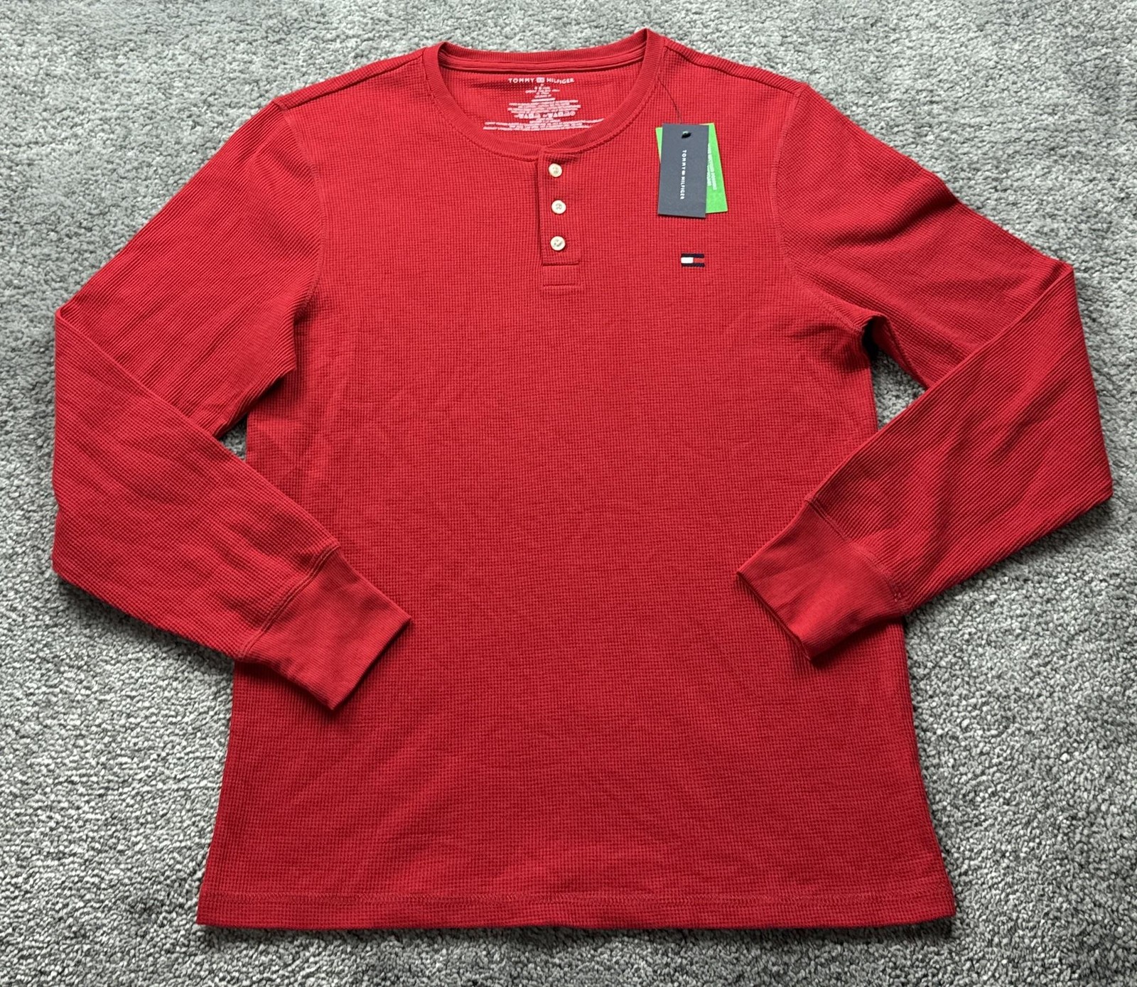 Tommy Hilfiger Shirt Mens M Red Henley Long Sleeve Tagless Cotton/Poly