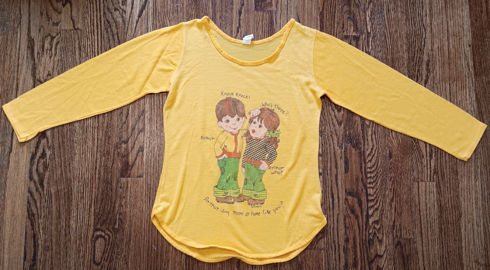 Vintage 70s Cute Cartoon Karen Knock Knock Joke Long Sleeve T Shirt