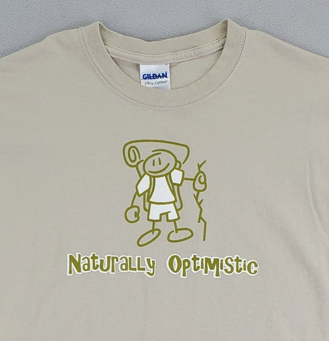 Naturally Optimistic Shirt Mens M Tan Hiking Camping Graphic Gildan Ultra EUC