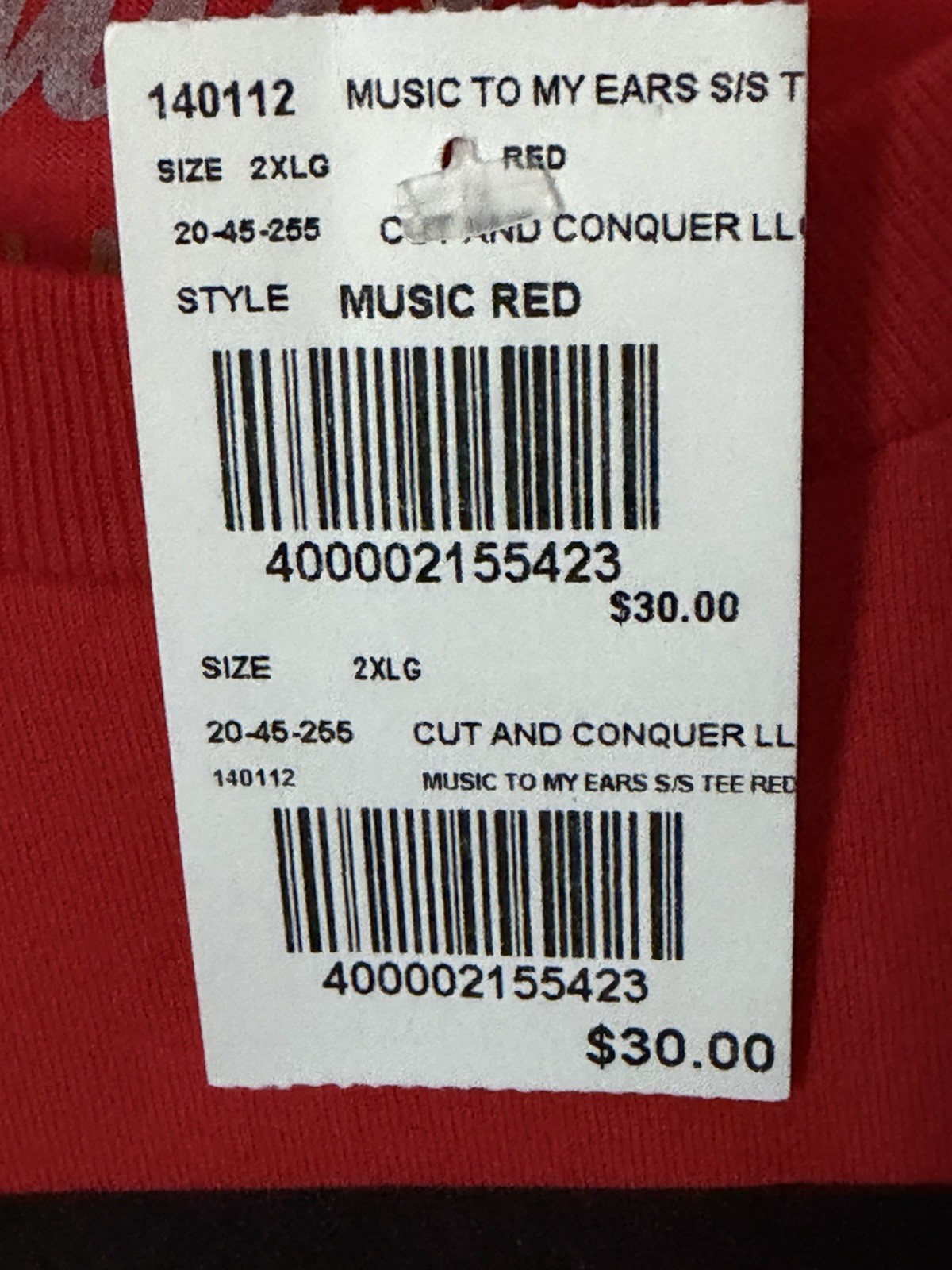 Music To My Ears SS Tee Red Size 2XL MSRP $30 New Sealed In Plastic