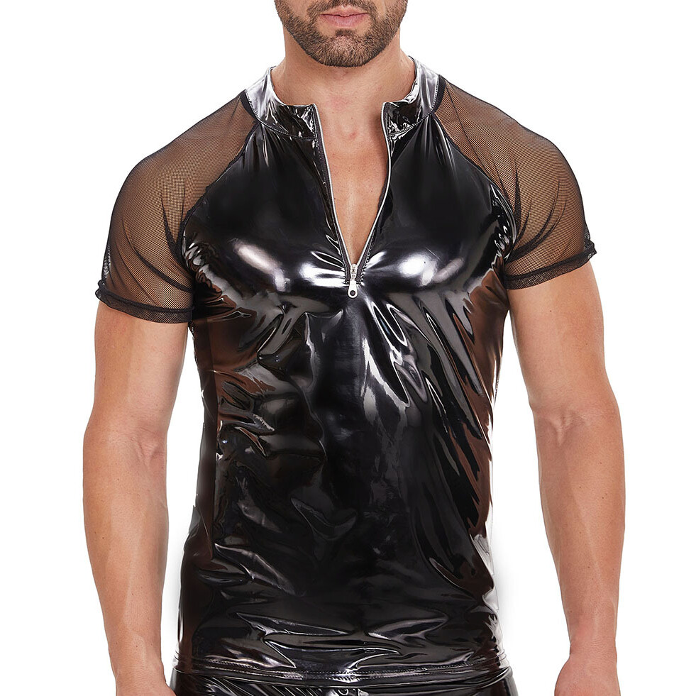 Mens Shiny PVC Leather T-Shirt Latex Wetlook Male Glossy Zipper Slim Shirts Tops