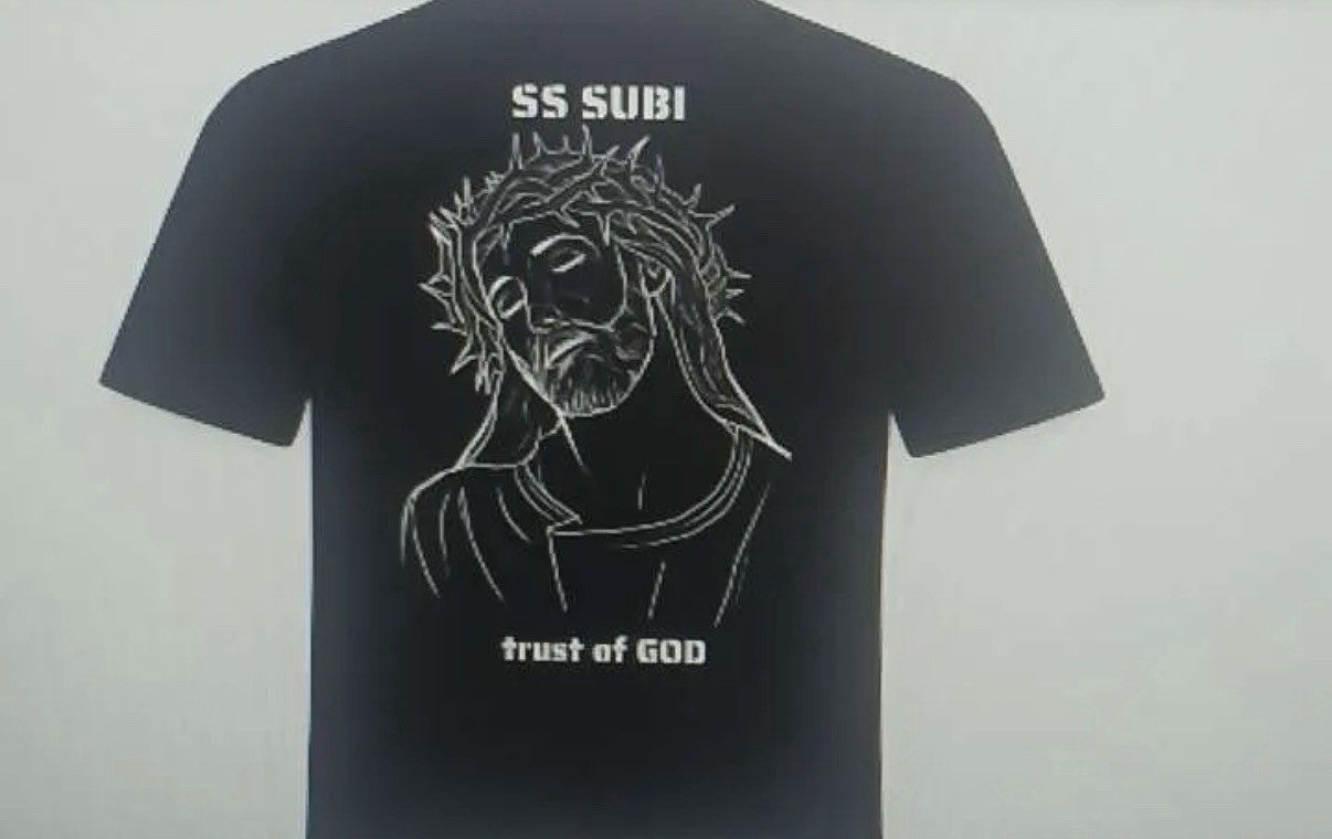 Men’s Black Religious Graphic Print Crew Neck Short Sleeve T-Shirt Size L