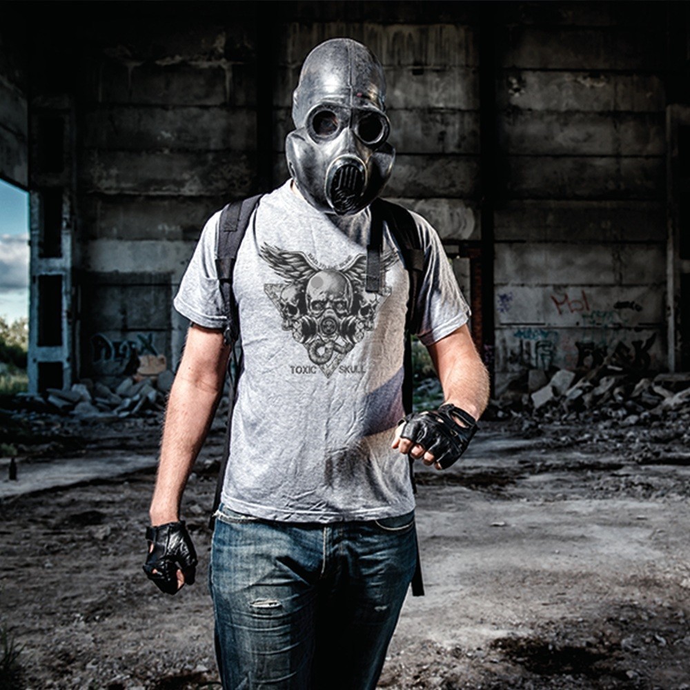 New Mens Ash Gray Classic T-Shirt “Skull N’Mask” S, M, L, XL, 2XL, 3XL, 4XL, 5XL