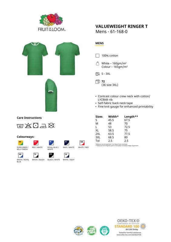Fruit of the Loom Cotton Ringer T – Contrast Collar/Hem T-shirt