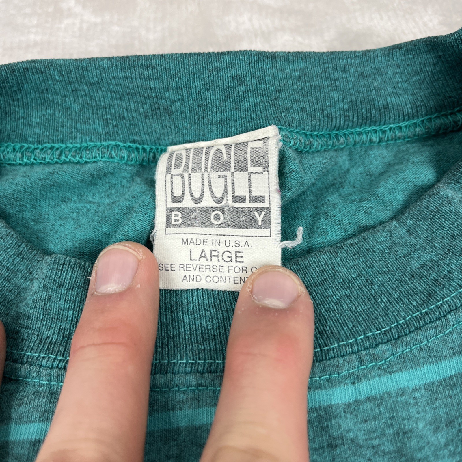Vintage 80s Bugle Boy Surf Skate Shirt Men’s Sz Large USA Cyan Striped