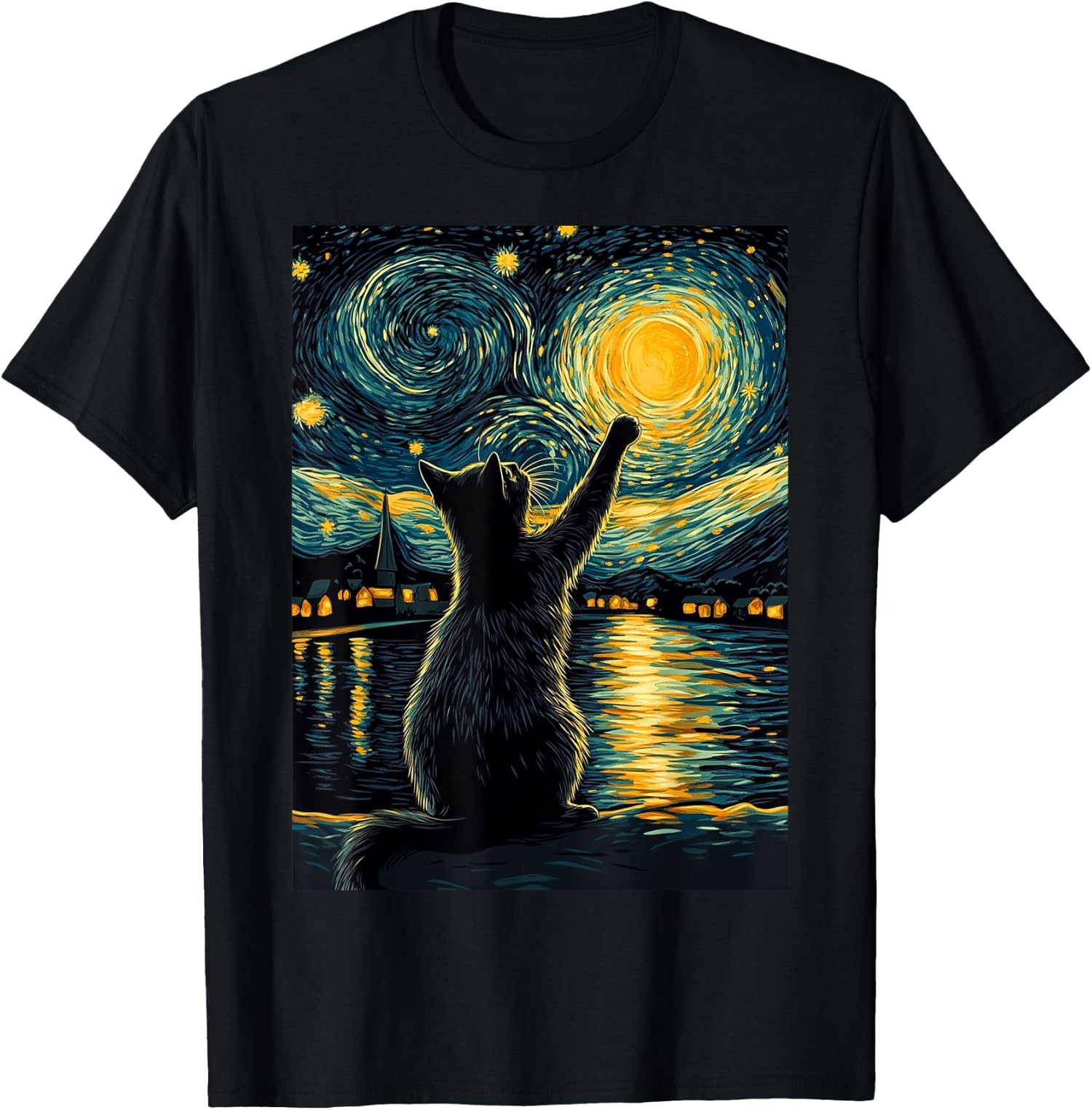 Black Cat Starry Night Gift for Cat Lover Unisex T-Shirt