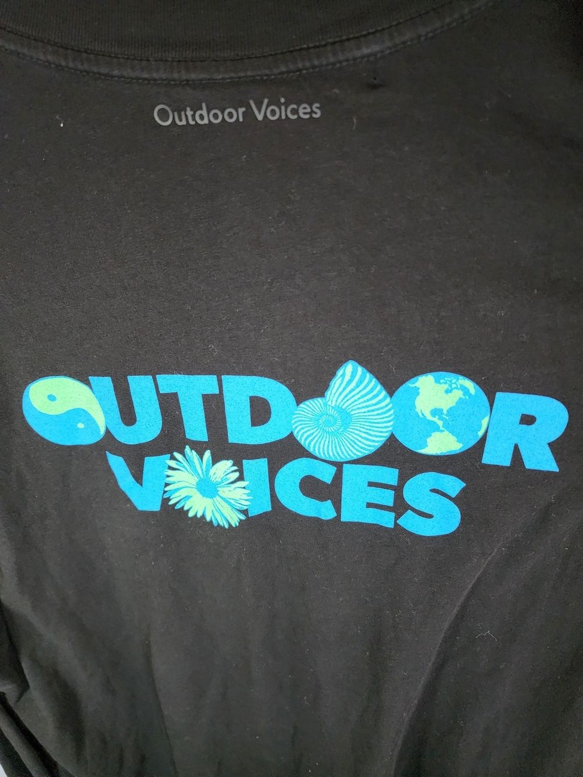 Outdoor Voices Black Tee with Bright Blue and Lime Graphic