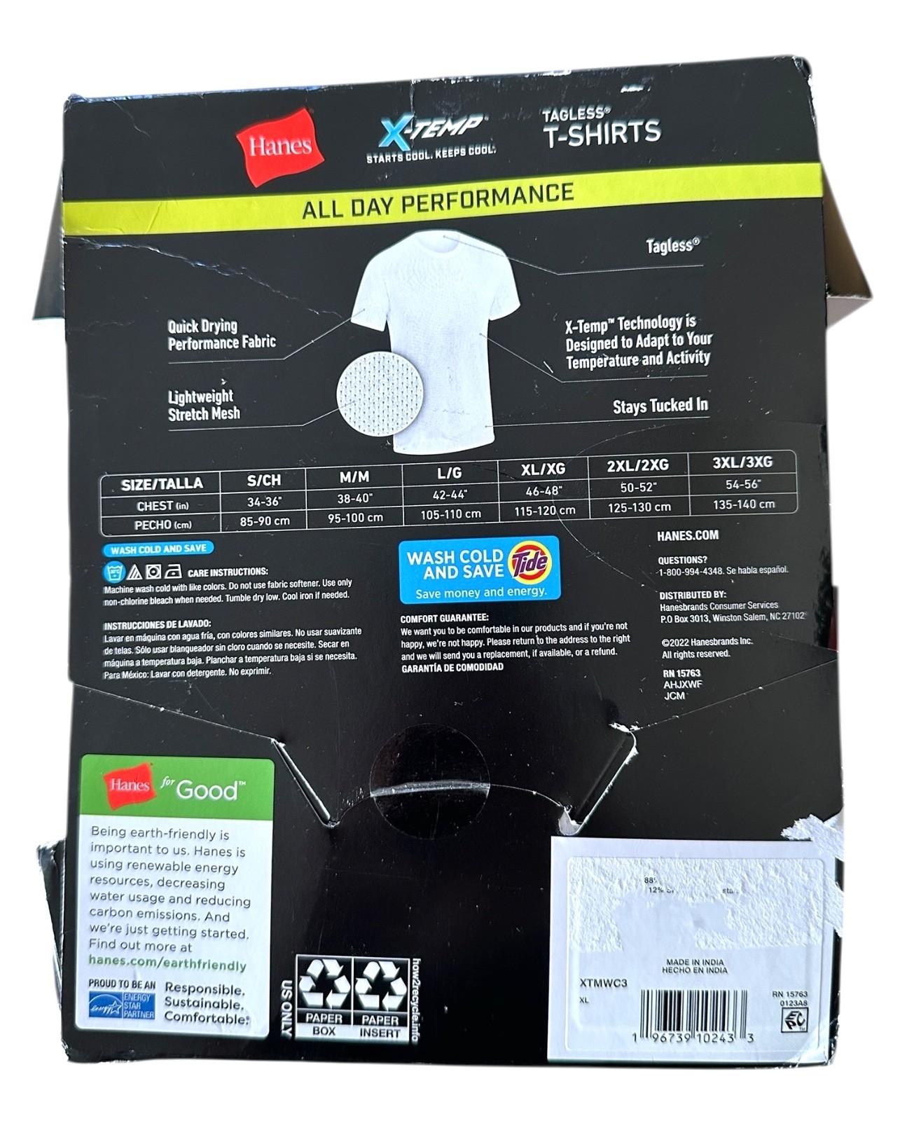 Hanes Men’s Undershirts T-Shirt Pack, 3-Pack X-Temp Moisture-Wicking Sz XL White
