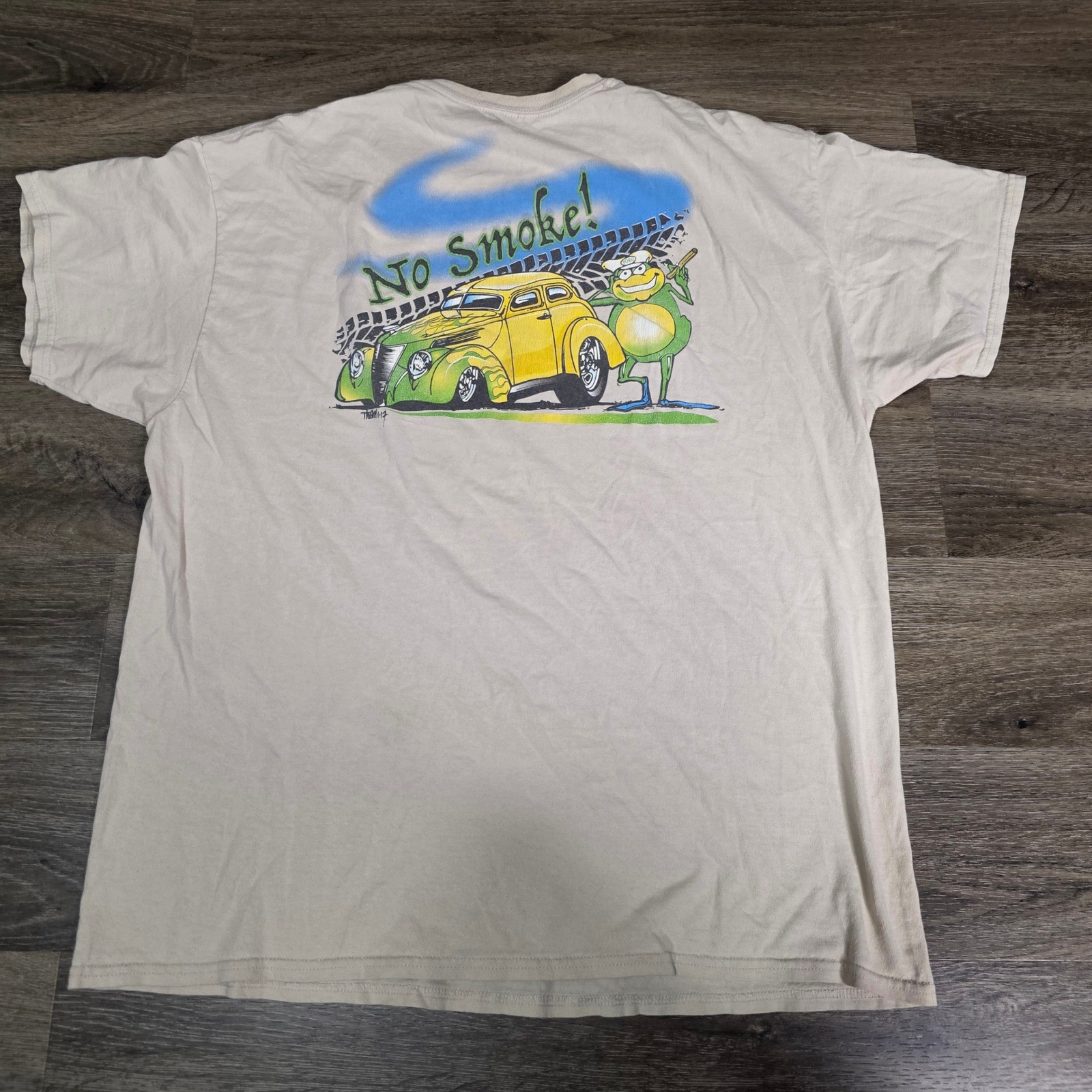 Gildan Mens XL T-Shirt Tan Frog Follies 2017 Car Show Graphic Hot Rod Ribit