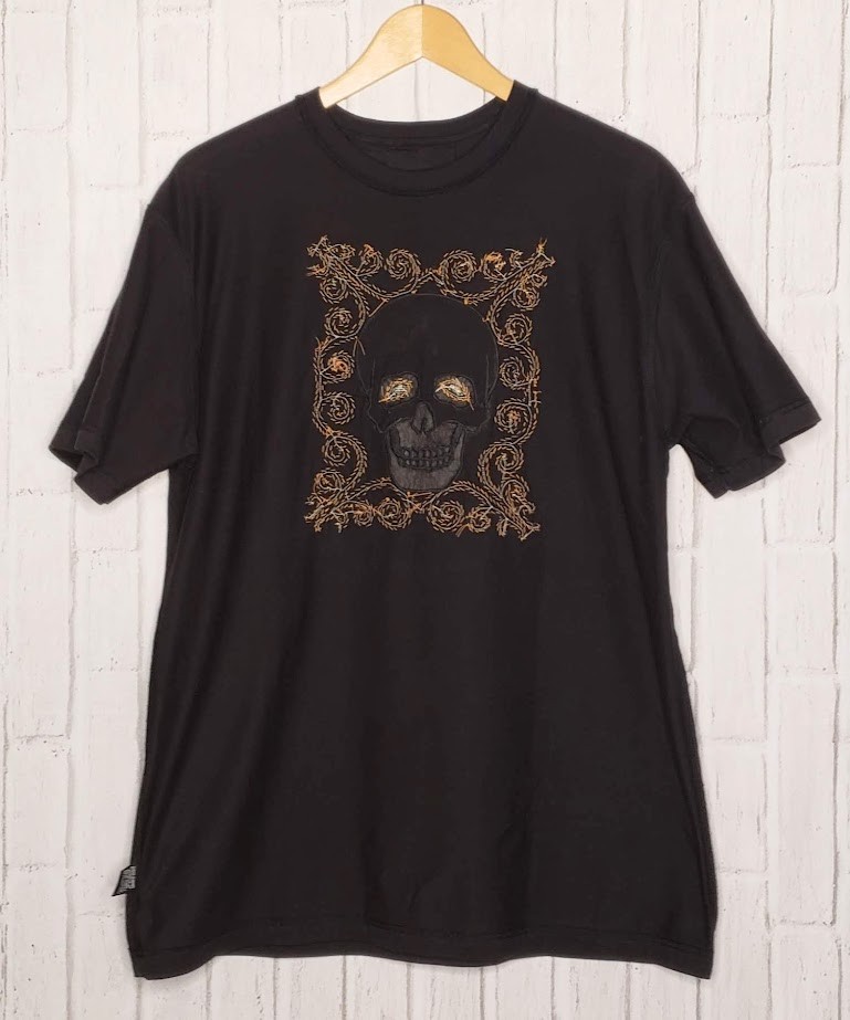 VTG 1990s 90s Y2K Edward Dada Black Leather Applique Skull Embellished Tee Shirt