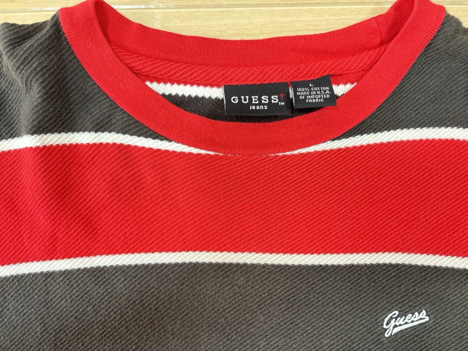 Vintage Guess Jeans Striped L/S Shirt Size L Red Black Cotton Made in USA 90s