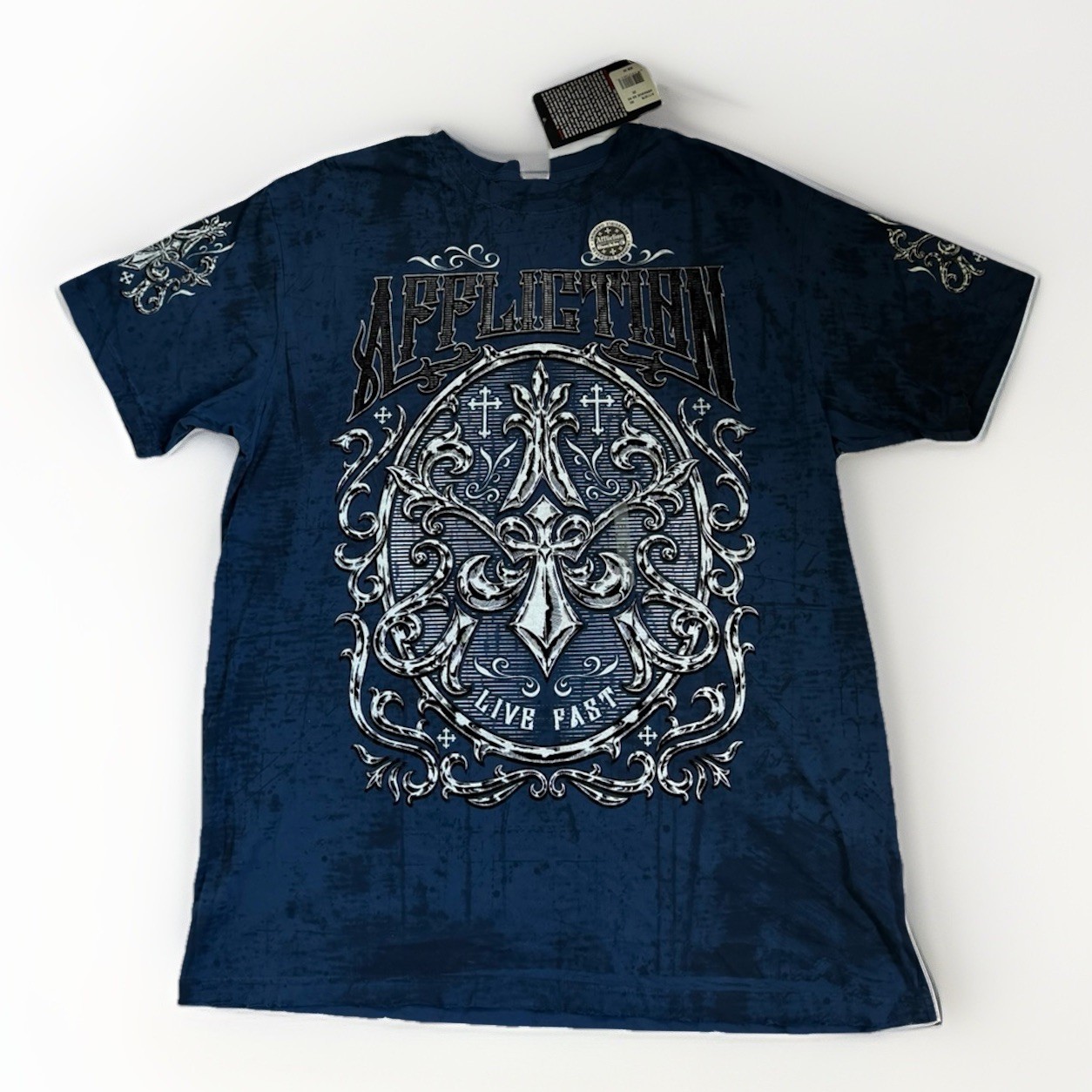 Affliction Abrasive Live Fast Reversible Tee Blue Distressed Graphic XXL NWT