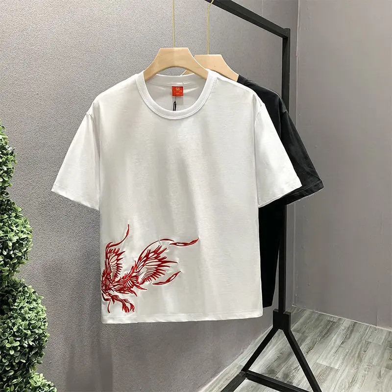 Men’s White Embroidery 100% Cotton O-Neck T-Shirt Korean Style Tee