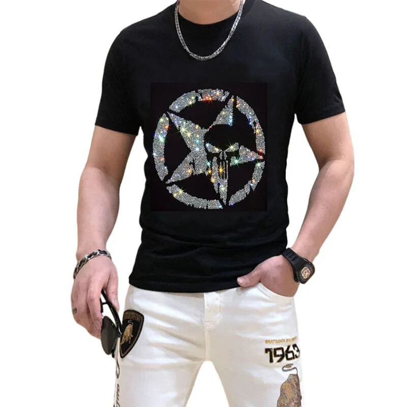 New Men Luxury Diamond Star Rhinestones Fashion Skull Black T-Shirt High Quality