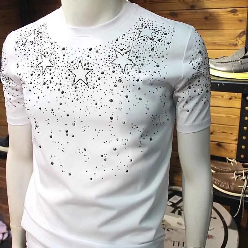 New Fashion Star Trend Rhinestone Diamond Summer Short Sleeve Luxury Men T-Shirt