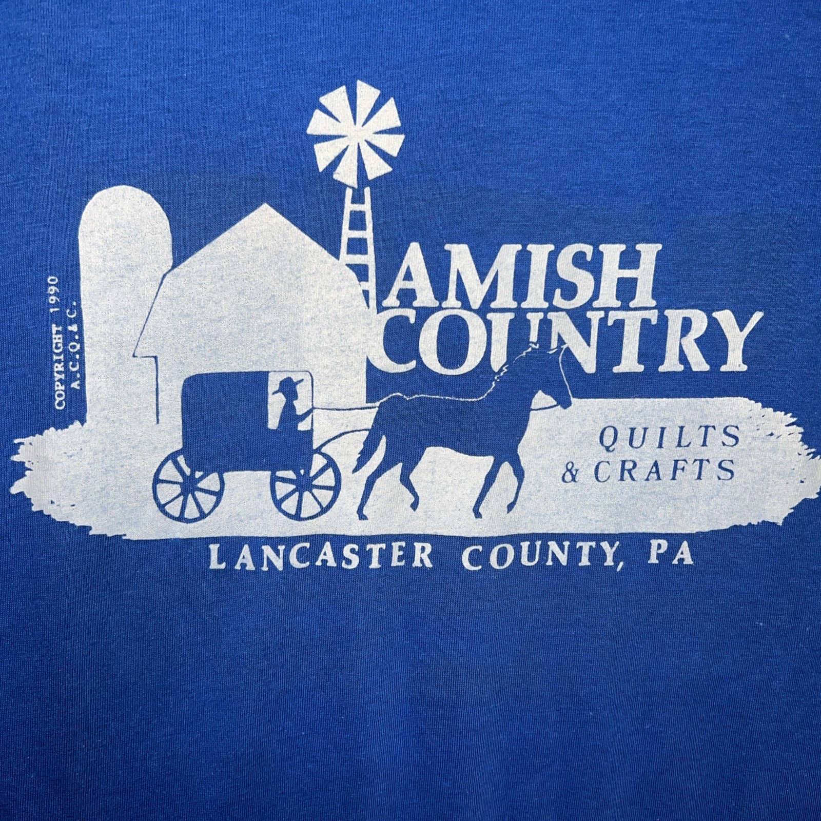 VTG Amish Country Quilts & Crafts T Shirt Men’s Sz L Blue Lancaster PA 90s *Rare