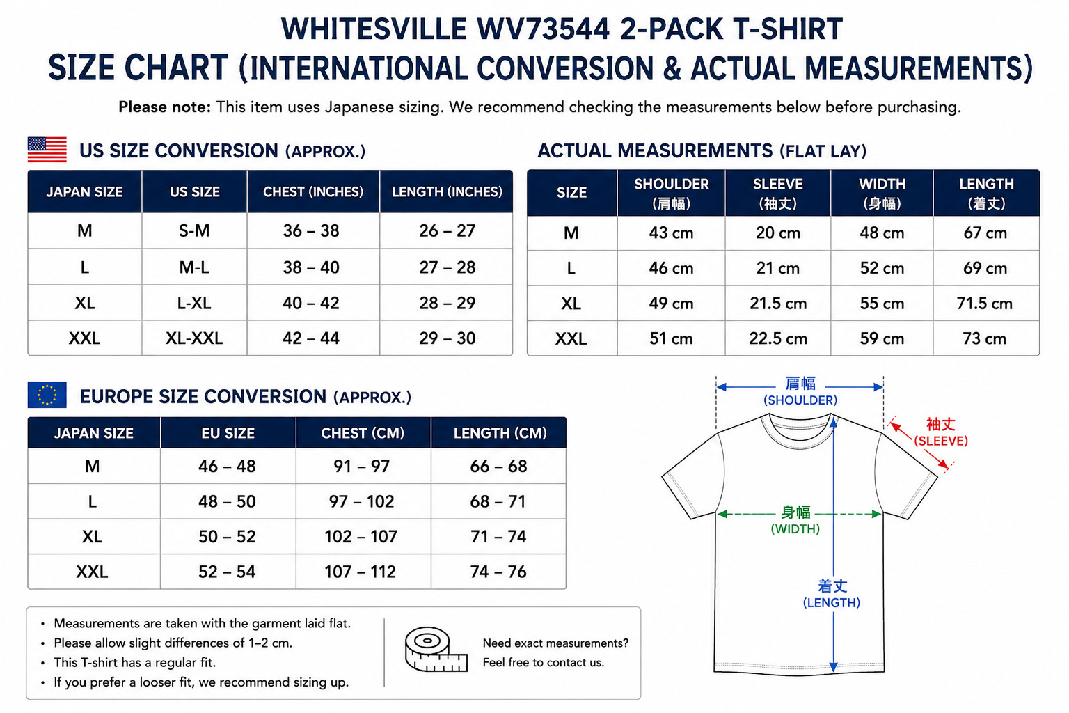 Whitesville WV73544 2-PACK T-SHIRT OFF-WHITE Size M L XL XXL Men’s Made in Japan