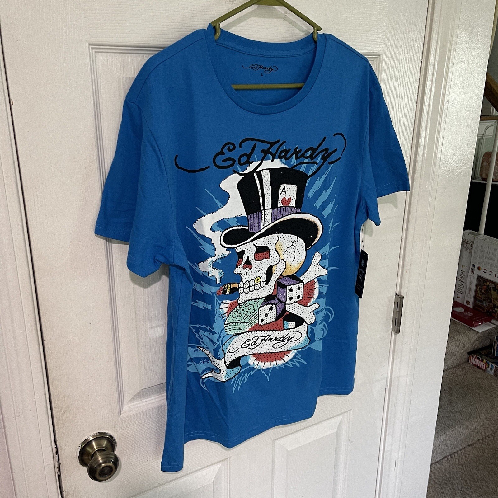Ed Hardy Y2K Rhinestone Skull Top Hat Tattoo Capri Blue RARE T-shirt Men’s Sizes