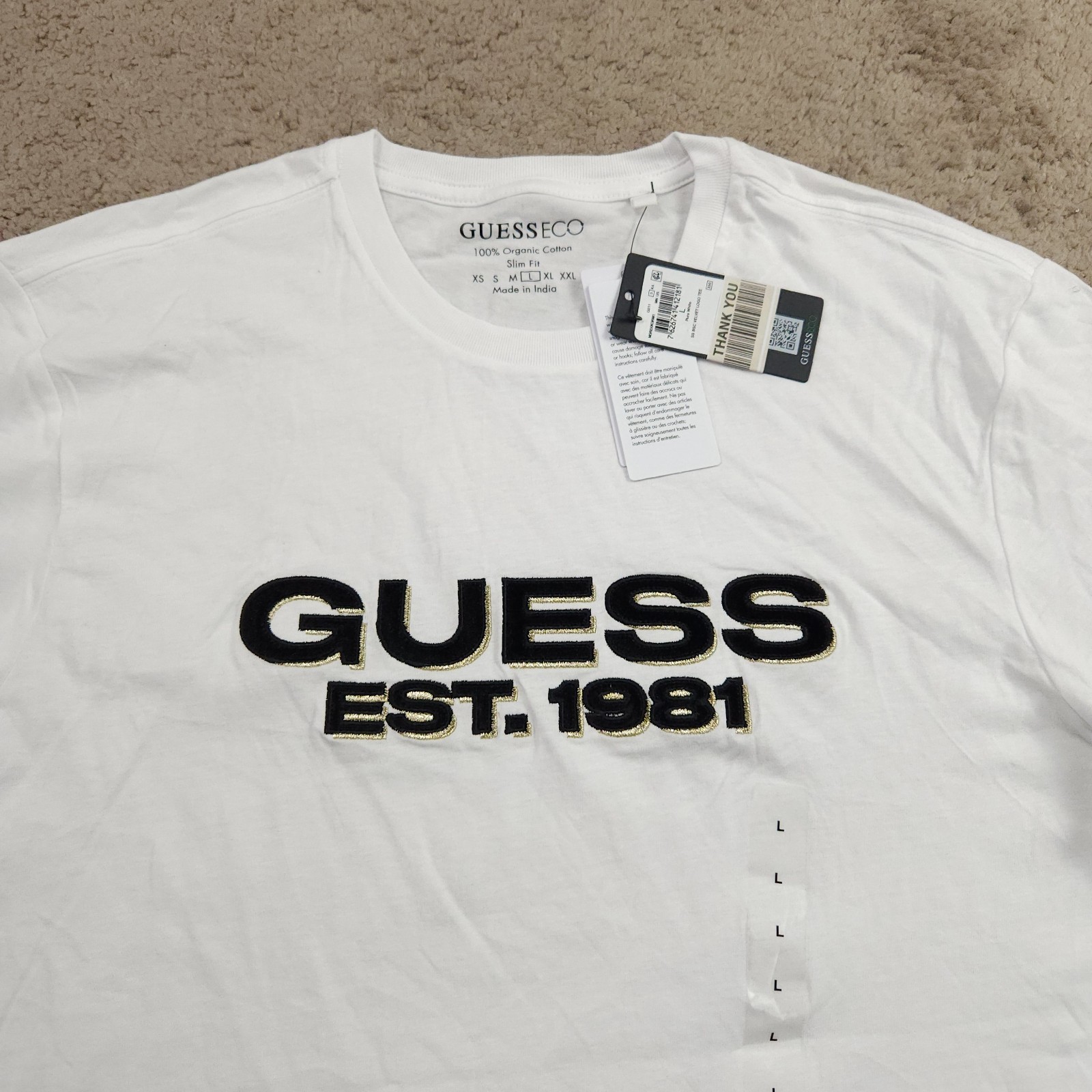 Guess Eco Men White Crewneck Embroidered Velvet Logo Tee Size Large