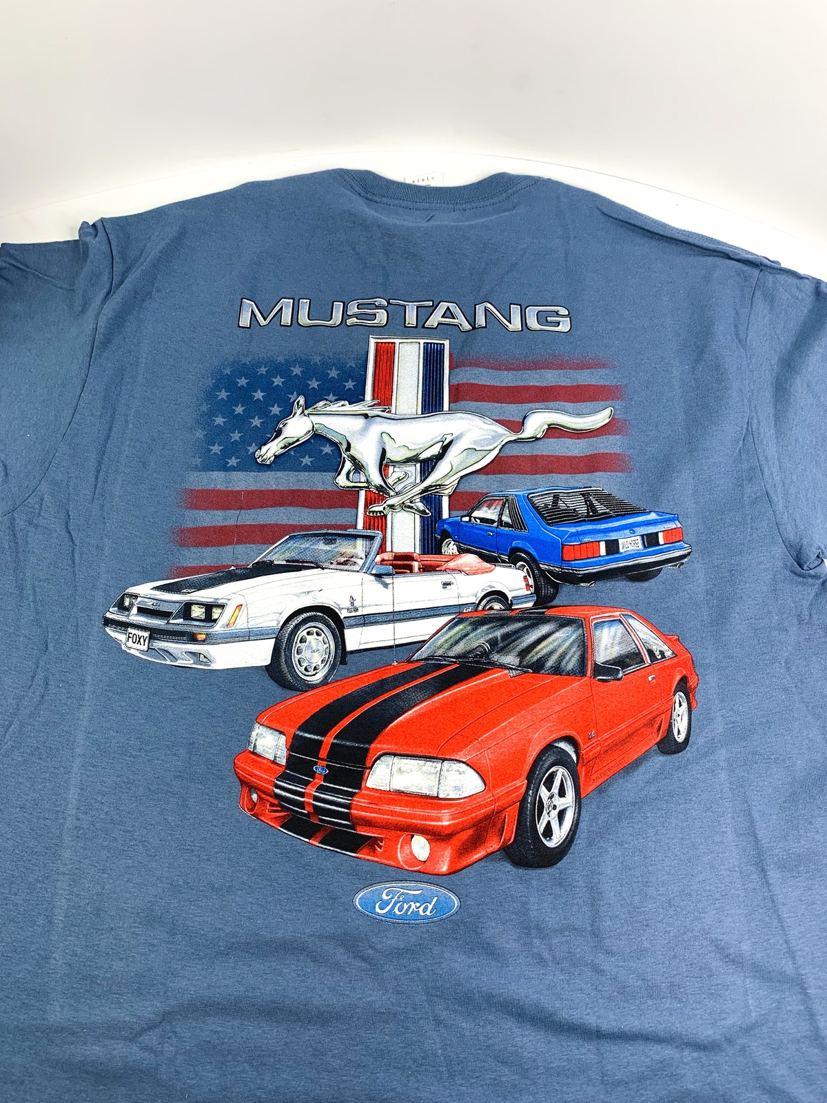 Ford Mustang T-Shirt – Blue w/ Fox Body Pony American Flag Logo (Licensed)