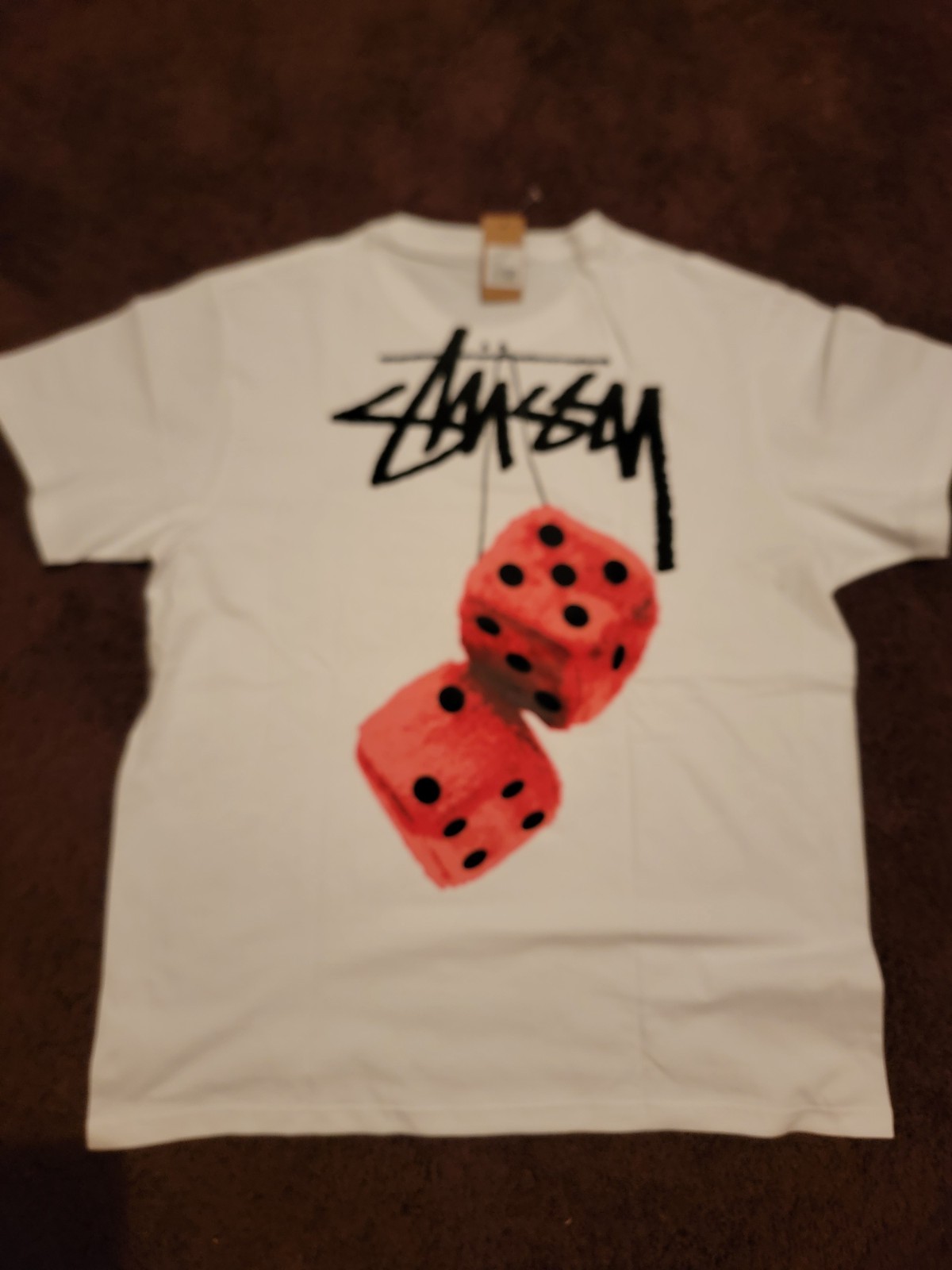 Stussy Men’s L White/Black/Red Dice Graphic Double-Sided Crew Neck Tee