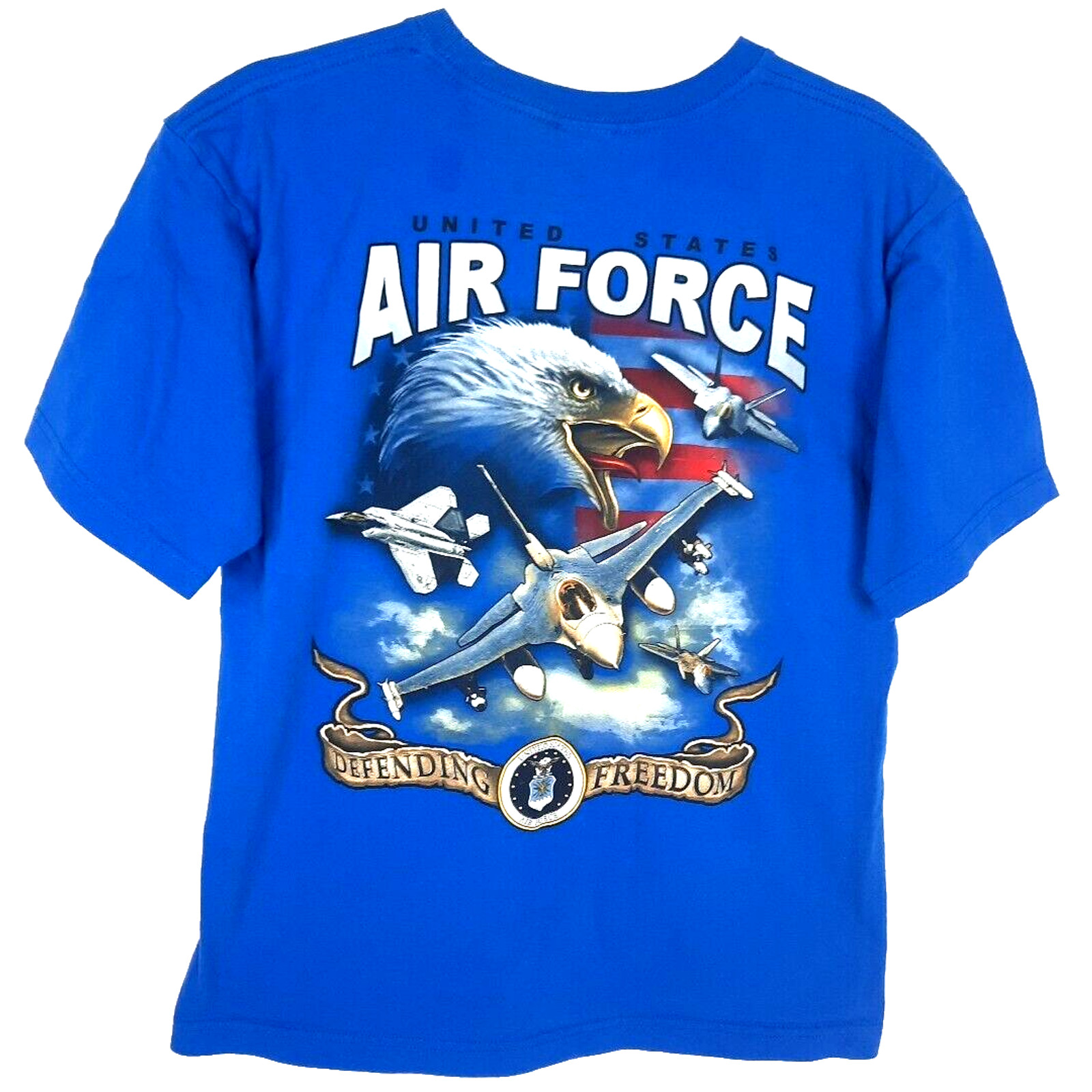 US Air Force Jets Defending Freedom T-Shirt Medium Blue Double Sided Bayside