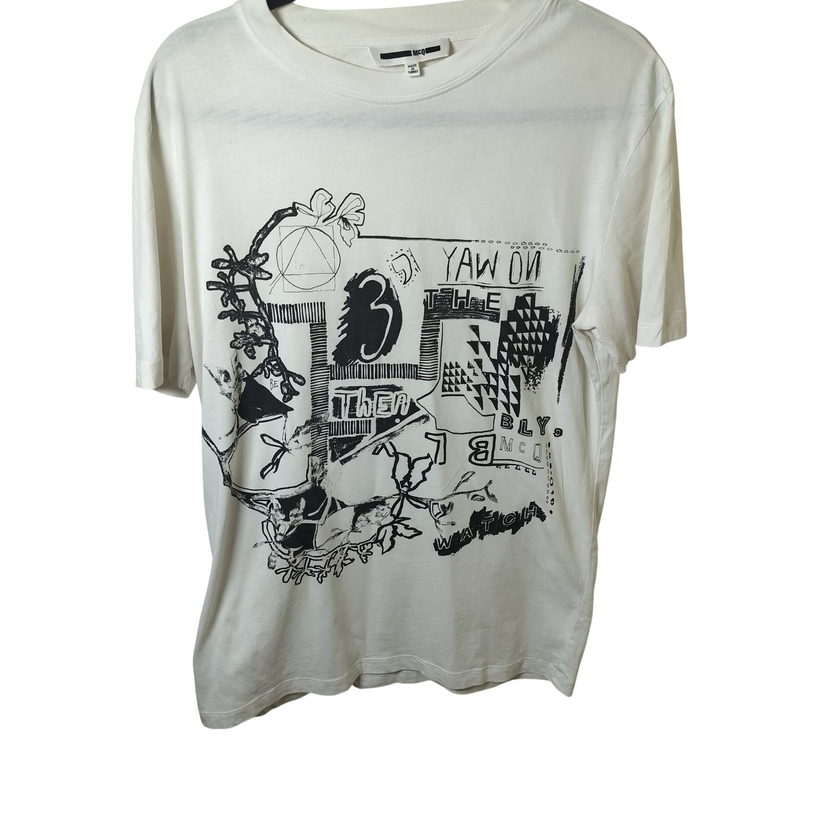McQ Alexander McQueen Mens Abstract Graphic Print T-Shirt White Cream Large