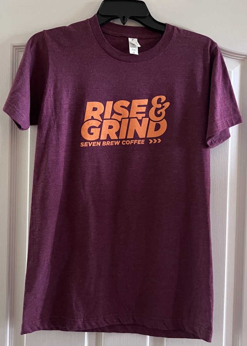 7 Brew Coffee Rise & Grind SM Maroon Orange T-Shirt RARE State Va Hokies TECH VT