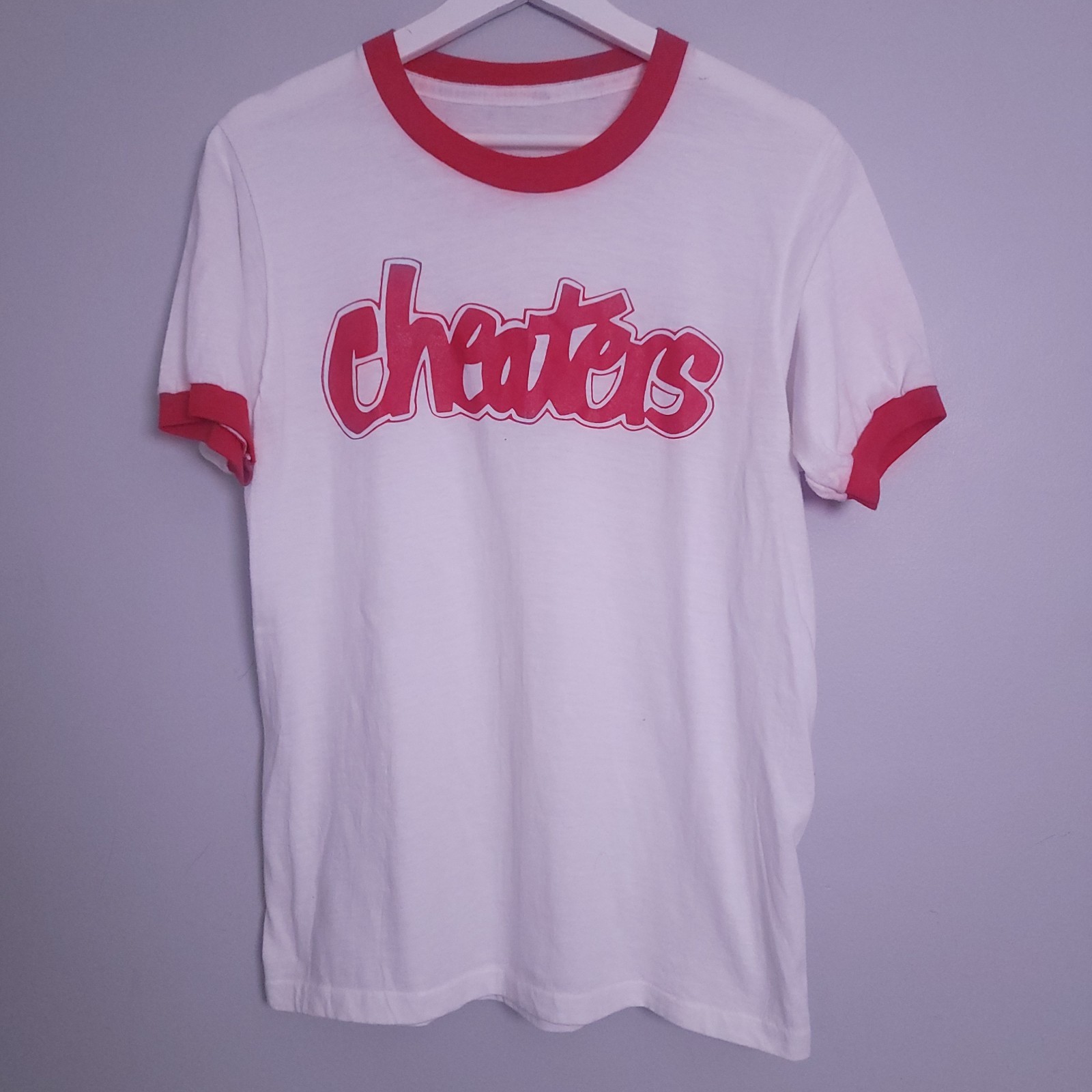 Vintage Cheaters Cabaret Gentleman Club Stripper Ringer T-Shirt Large White Red